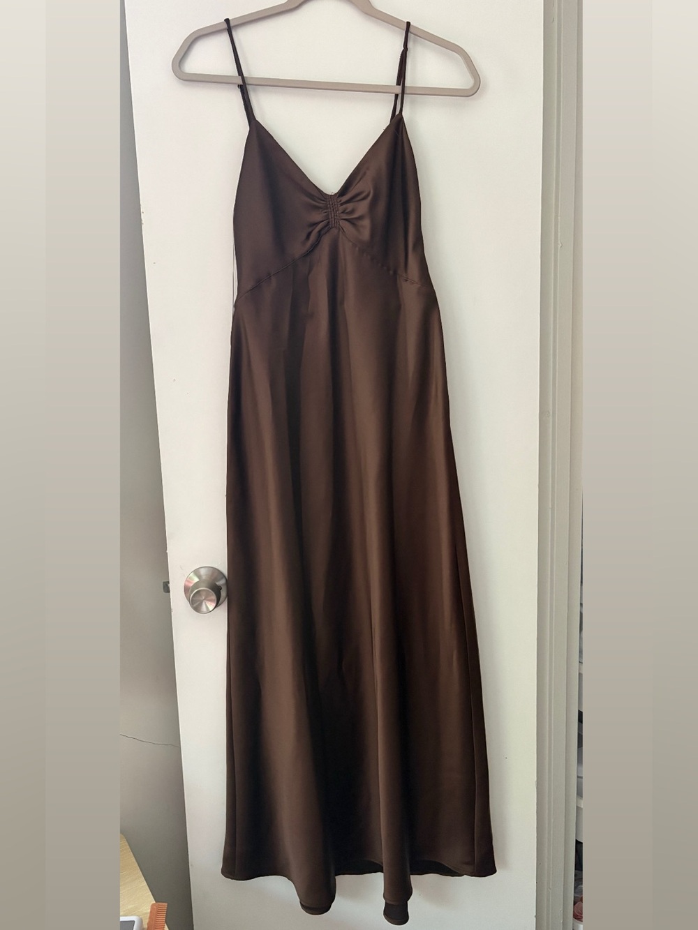 Zara Chocolate Brown Satin Maxi Slip Dress with Spaghetti Straps